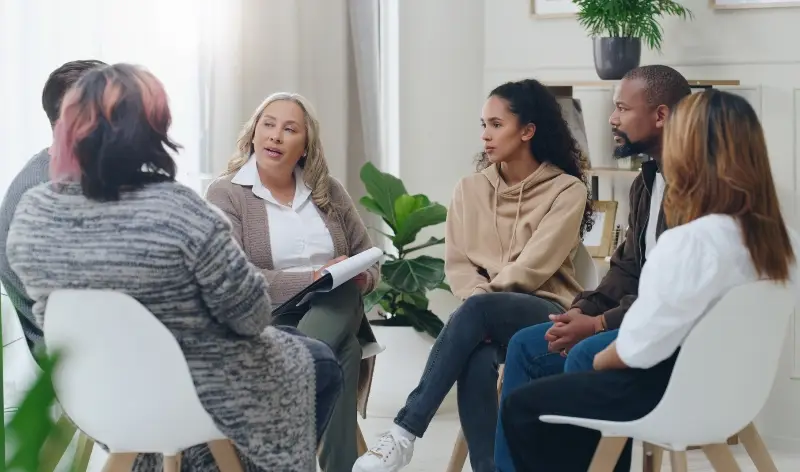 Opioid treatment counselor meeting with clients in a group setting