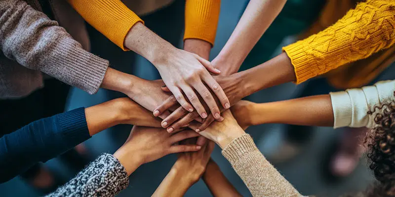 People joining hands, representing collaboration and advocacy that expand access to opioid treatment and recovery services